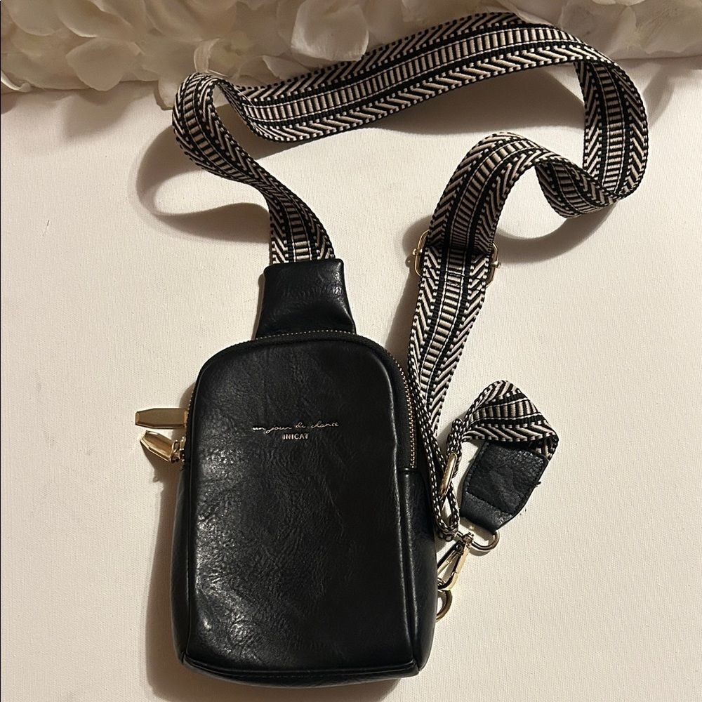 Black Crossbody Bag with Patterned Strap